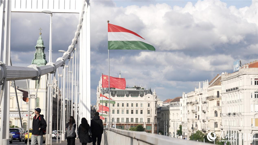 Bendera China dan Hungary digantung di kedua-dua belah jambatan Elizabeth. (People's Daily Online/Su Yingxiang)