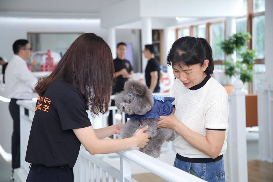 Seekor anjing dijaga di ruang menunggu haiwan peliharaan di Lapangan Terbang Antarabangsa Shenzhen Bao'an di Shenzhen, provinsi Guangdong, selatan China, 8 Mei 2024. (Foto/Xinhua)